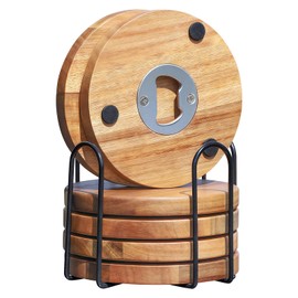 Unterseter Aus Akazienholz,6er Set 10 cm Unterseter Holz Rund Für Gläer Mit Eisenhalter,Untersetzer Gläer Kork Mit Flaschenöffner,Untersetzer Holz Für Gläser Für Getränke,Bar,Tassen,Glas