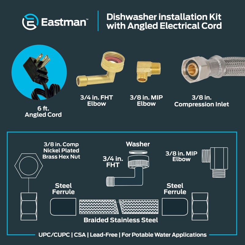 Eastman 6 Ft. Dishwasher Installation Kit, Braided Stainless Steel Supply
