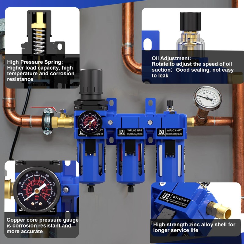 NEWPO 3/8'' NPT Compressed Air Filter Regulator Lubricator Combo Water/Oil