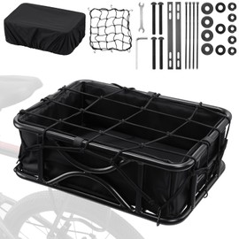 AUMENTAR Heavy Duty Rear Bike Basket for Adults, Extra Large Metal Bicycle Cargo Basket with Removable Liner, Waterproof Cover & Cargo Net, Universal Fit for E-Bike, Mountain Bike, Dog Carrier