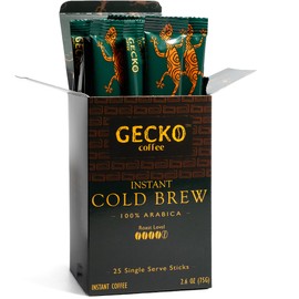 Gecko Coffee Instant Cold Brew, Craft Instant Coffee Sticks, 100% Arabica Medium-Dark Roast, Coffee Singles Packets, Smooth & Rich, Hot or Iced, Sugar-Free, Eco-Friendly, 25 Count