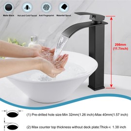 Midanya Vessel Sink Facuet Waterfall Tall Bathroom Faucets Vanity Single Handle 1 Hole Modern with Pop-up Drain and Supply Hoses,Matte Black