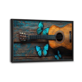 Olivine Music Wall Art, Guitar Pictures Wall Decor, Butterfly Painting, Vintage Musical Instruments Canvas Prints, Framed Artwork for Bathroom Bedroom Living Room Office Home Decoration 36"x24"