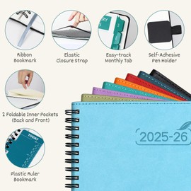 BEZEND 2 Year Monthly Planner 2025-2026 Medium Size 7" x 9" (Jan 2025 - Dec 2026) Spiral Calendar Book with Tabs, 120 GSM Thick Paper, Storage Pockets & Notes, PU Leather Softcover in Turquoise