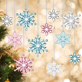 45 Pieces Acrylic Snowflake Ornaments 3 Styles Crystal Clear Plastic Xmas Tree Pendant for Christmas Winter Snow Theme DIY Decorations (Transparent, Pink, Blue)