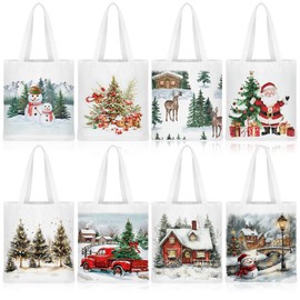Frienda 8 Pcs Christmas Canvas Tote Bags Vintage Watercolor Grocery Bag Reusable Cute Aesthetic Gift Xmas Tree Pattern for Women Goody Treat Candy with Handle for Xmas Party Gifts Supplies