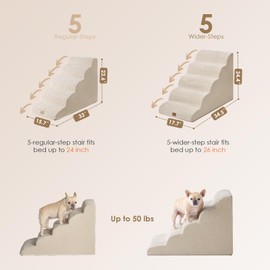 EHEYCIGA Curved Dog Stairs Ramp for High Beds, 5-Step Extra Wide Dog Steps for Small Dogs and Cats, Pet Stairs for High Bed Climbing, Non-Slip Balanced Pet Step Indoor, Beige