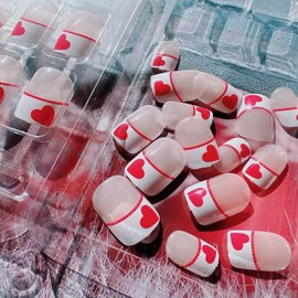 24Pcs Valentine's Day Short False Nails French Nail Tips Red Love Heart Square Design Valentine's Press on Nails Almond Detachable Press On DIY Glue Stick on Fingernails Charm Heart Nails for Women