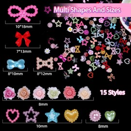 3D Color Nail Charms and Flower Nail Charms, Mixed Styles Assorted Bow Heart Star Acrylic Pearls Nail Charms, Rose Flower Assorted Kawaii Nail Art Charms for Nail Art Manicure DIY