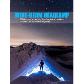 Spriak LED Headlamp Flashlight, 1000lumens 230° Broadbeam Headlight, USB Rechargeable Head Lamp with Red Taillight, Lightweight Waterproof Headlamps for Camping Running Hiking, Hard Hat Headlamp