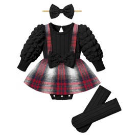 Queenstyle Baby Girl Clothes 3-6 Months Infant Baby Girls' Clothing 3-6 Months Baby Clothes for Girls Fall Winter Outfits Cute Puff Sleeve Romper Bow Red Plaid Dress with Socks
