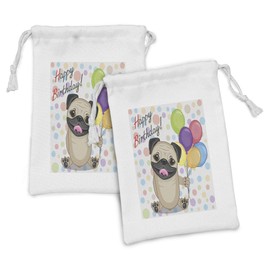 Ambesonne Birthday Fabric Pouch Set of 2, Animal Dog Smiling Pug with Party Balloons Greeting Card Inspired Design, Small Drawstring Bag for Toiletries Masks and Favors, 9" x 6", Multicolor