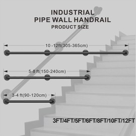 3FT Industrial Pipe Stair Railings Indoor, Hand Rails for Indoor Stairs, Wall Mounted Stair Handrail for Outdoor Steps, Heavy Duty Support Black Stair Railing for Loft Porch Deck(1 Section)