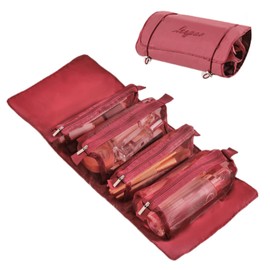 YOGOTI Makeup Pouch, Travel Pouch, Cosmetic Pouch, Toiletry Bag, Storage Pouch, Large Capacity, Small Items, 4 Compartments, Removable, Hanging, Portable, Foldable, Waterproof, Nylon, For Travel, Unisex (Red)