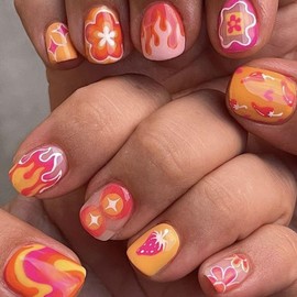 24 Pcs Spring Orange Press on Nails Short Square - YIHONGYAN Acrylic Manicure Kit Fake Nails Press ons Nail Tips Glue on Nails Full Cover Flame Flower Cute Peppers False Nails Stick on Nail for Women