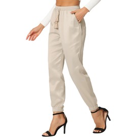 Allegra K Women's Drawstring Elastic Waist Athleisure Pants Casual Ankle Length Satin Joggers with Pocket X-Large Beige