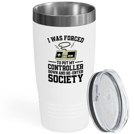 Vintage Gamer White Viking Tumbler 20oz - I Was Forced To Put - Video Game Online Retro Funny Gaming Console Arcade Multiplayer Brother Son