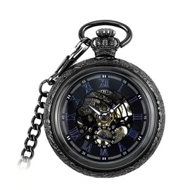 YIHAOYH Men's Mechanical Skeleton Pocket Watch Roman Numerals Dial Steampunk Hand-Wind Pocket Watch with Chain Gift Box (Black)