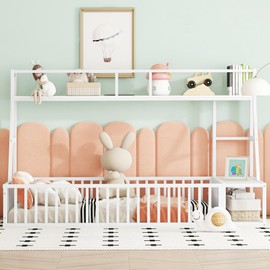 ROCKRAIN Twin Size Floor Bed Frame: Modern Metal Montessori Bed with Safety Fence & Storage - Kids Playhouse & Reading Space - Sturdy White Design for Toddlers Aged 2-6