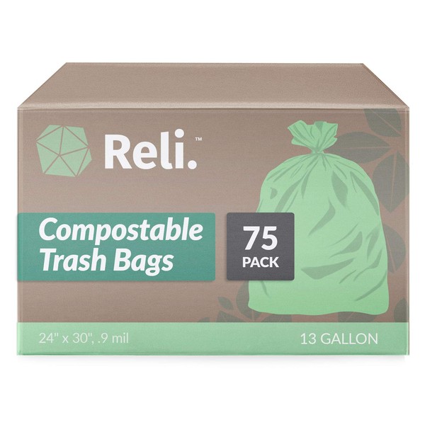 Reli. Compostable 13 Gallon Trash Bags | 75 Count | ASTM D6400 | Green | Eco-Friendly | For Compost