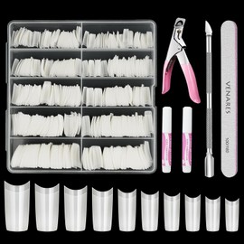 Venares Nail Tips for Gel Nails, 500 Pieces, Acrylic Artificial Nails, 10 Sizes, Nail Tips with Glue, Nails, Files, Nail Clippers, Cuticle Pusher, Hable Nail Tips, Gel Nails Set (Natural)