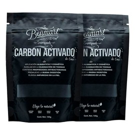 Benmart - Carbón activado - 2 Pack x 200 gramos - Origen vegetal de cáscara de coco - Elimina impurezas y favorece la digestión, uso alimenticio y cosmético 2Pack