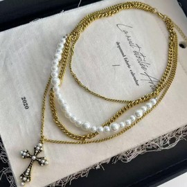 Yuoos Pearl Layered Necklaces for Women Stackable Dainty Vintage Cross Pendent Necklace Trendy Layering Choker for Women (Gold)