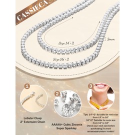 CASSIECA Tennis Necklace for Women Silver Necklace Cubic Zirconia Cut Faux Diamond Chain Necklace Choker 36cm with 5cm Extender