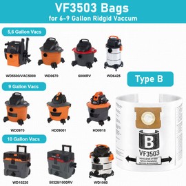 12 Pack VF3503 Vacuum Bags, Replacement for Ridgid Shop Vac Bags, Compatible with Ridgid 6 to 9 Gallon Wet Dry Vacuum, Size B High Efficiency Dust Bags