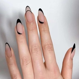 Medium Press on Nails Almond Fake Nails Black French Tip Matte Acrylic Full Cover Stick on False Nails for Women Manicure 24Pcs