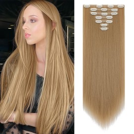Clip in Hair Extensions for Women 7pcs Long Straight Ash Blonde Hair Extensions 23 Inch Natural Soft Clip on Extensions Synthetic Thick Hairpieces