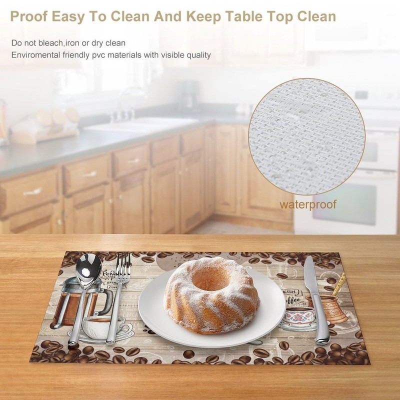Coffee Time Placemats Set of 4, 12x18 Inch Farmhouse Retro