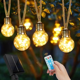 Solar Fairy Lights Outdoor Waterproof with 20 G40 Bulbs 12.5 m Brightness Dimmable 8 Modes Fairy Lights Outdoor Bulbs for Gardens Patio Balcony Party Wedding Decoration Outdoor, Warm White