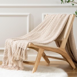 Battilo Beige Throw Blanket for Sofa Bed Couch Chair, Beige Knit Blanket, Soft Warm Cozy Decorative Boho Blanket, Beige Sofa Throw, Bed Blanket, 125x150cm