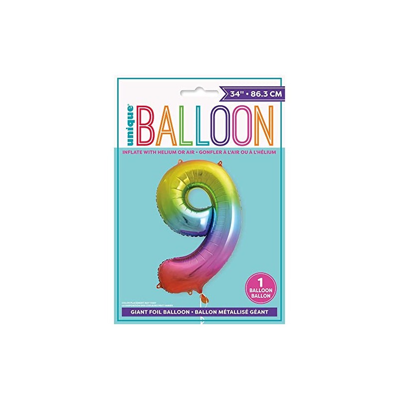 Giant Number 9 Balloons, 86 cm, Rainbow Colours
