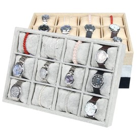 RJ DisplaysSilver Gray 12 Grid With Pillow Ice Velvet Jewelry Display Tray For Bangles, Bracelets, Watch, Cuffs, Display Storage Tray Stackable Jewelry Organizer Trays for Drawer Showcase Display