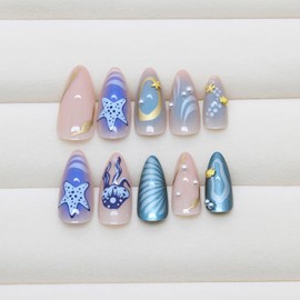 24Pcs Summer Press on Nails Long Almond Fake Nails Jellyfish False Nails with 3D embossed starfish Shell Starfish design Nails Press ons French Tip Glue on Nails Full Cover False Nails for Women