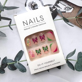Butterfly Press on Nails Medium Square Fake Nails Pink Green French Tip False Nails with Design Glossy Pink Green Flowers Glue on Nails Cute Spring Summer Artificial Nails for Women Girls Manicure