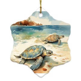 Christmas Ornaments 2024 Nautical Beach Ocean Theme Underwater Turtle Hanging Ornaments Coastal Seascapes Painting Christmas Bauble Collectible Gift for Xmas Tree Decoration Ceramic Circle 3" White