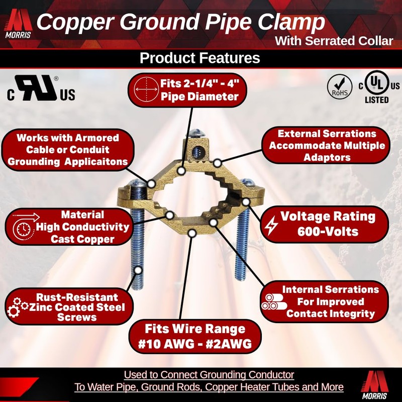 Morris Products 91664 Ground Pipe Clamp, with Adaptor Serrations, 2-10