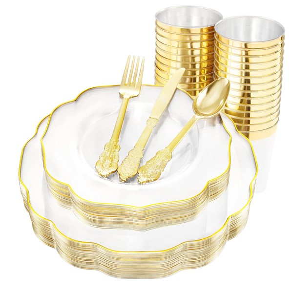 BUCLA 180pcs Clear and Gold Plastic Plates with Disposable Silverware and Cups-Including 60Gold Plates, 30Cups, 30Forks, 30Knives and 30Spoons for Wedding