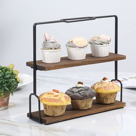 MyGift Rustic 2 Tier Cupcake Dessert Serving Stand, Burnt Brown Wood and Matte Black Metal Rectangular Food Display Rack Pastry Holder