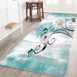 Teal Runner Rug for Hallway 2x6,Daisy Floral Flowers and Butterfly on Country Wooden,Area Rug Hallway Rugs Non-Slip Floor Carpet for Bedroom Entrance Doormat Bathroom Runner Rug Washable Kitchen Rug