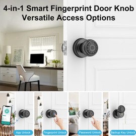 BIWIBON 4-in-1 Smart Door Knob, Fingerprint Door Knob with App Control, Smart Fingerprint Door Lock with Keypad, Real Privacy Mode, Auto Lock, Ideal for Home, Bedroom, Garages &Office, Black,1 Pack