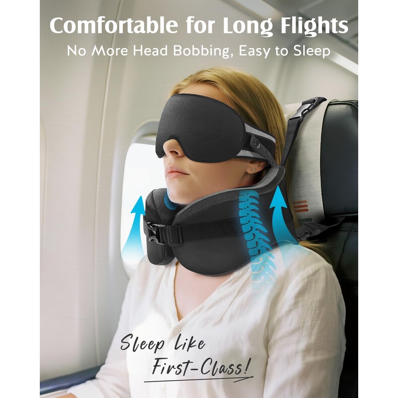 YFONG Travel Pillow for Long Flight Airplanes, Head Strap Combo