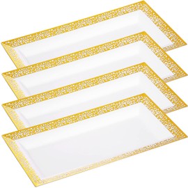Disposable Serving Trays and Platters Set, Pack of 4-7.5 x 14 Inches White Plastic Rectangular Tray with Gold Lace Rim - Gold Serving Tray Decorative Plastic Dessert Trays for Dessert Table, Parties