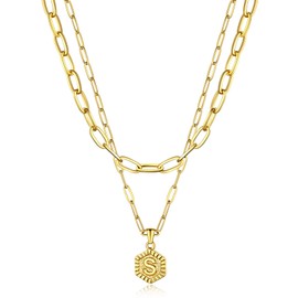 Bestyle Dainty Initial Pendant Necklace for Women Layering Link Necklaces Gold Hexagon Charm Necklace with S Letter
