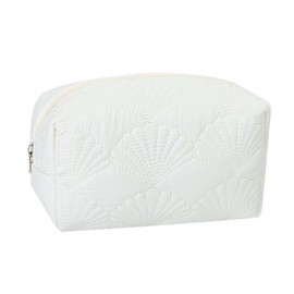 Makeup Bag for Women,Large Quilted Cosmetic Organizer Pouch Cute Floral Cotton Make up Bag Puffy Portable Travel Toiletry Bag Girls Zipper Waterproof Storage Bags,White Shell