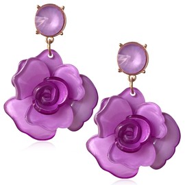 Unique Dainty Bohemian Luxury Oversize Resin Big Flower Dangle Drop Earrings Boho Big Flower Floral Petal Stud Earrings For Women Statement Crystal Jewelry Gifts (Purple)