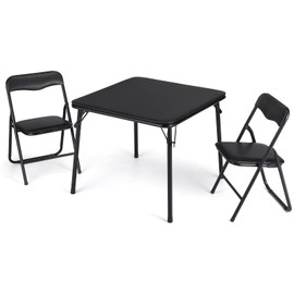 GarveeHome Folding Card Table and Chair Set of 3, Upholstered Foldable Table and Chair Set, Portable Metal Frame Children's Activity Table and Chairs Set for Eating, Reading, Playing, Black